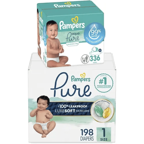 Pampers Pure Protection Disposable Baby Diapers Size 1, 198 Count with Aqua Pure Baby Wipes, 6X Pop-Top Packs (336 Count)