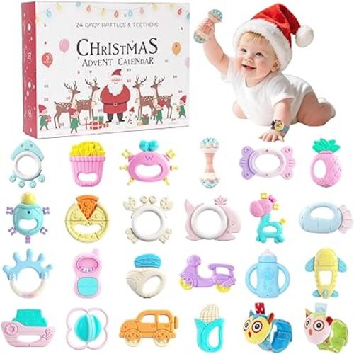 Christmas Advent Calendar 2025 Kids 24-Piece Baby Rattles & Teething Toys, 24 Days Christmas Countdown Calendar Gift for Boys Girls Toddler Ages 3+ Months