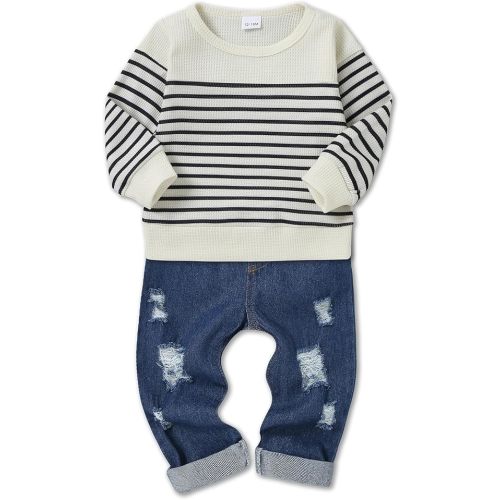 CARETOO Toddler Baby Boy Clothes Long Sleeve Sweatshirt Top Ripped Jeans Pants Set Infant Fall Winter Outfits 1-5T