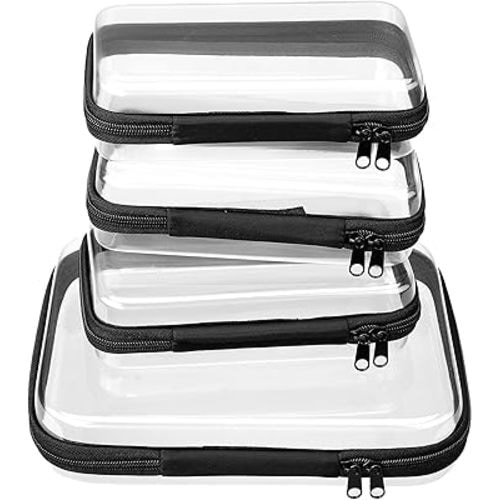 4 pcs Clear Zipper Pouches,Hard Shell Zipper Case, Toiletry Bag for Travel, CLear Diaper Bag, Toiletry Pouch, Travel Organizer, Clear Cosmetic Bag,Toy Storage Bins (M+3S)(Black)