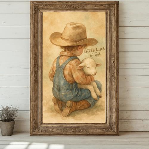Little Lamb Of God Boys Print, Christian Nursery Wall Art | Cowboy Baby Room Decor | Western Bible Verse Religious New mama Gift poster