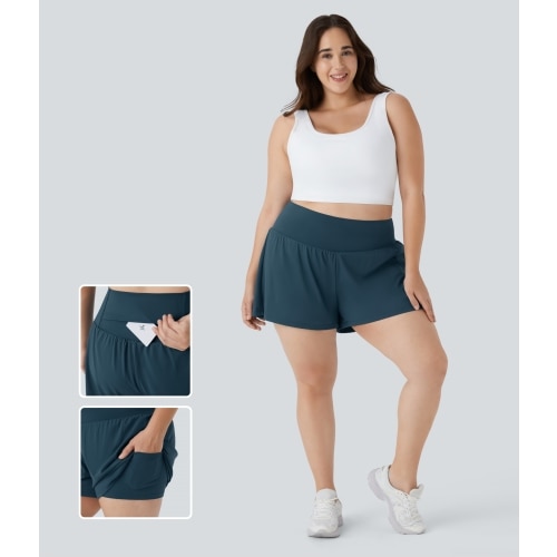 Super High Waisted Back Pocket & Side Hidden Pocket 2-in-1 Yoga Plus Size Shorts 4''-Longer Length