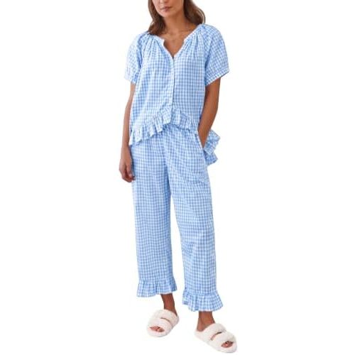 SWOMOG Cotton Pajamas For Women Set Gingham 2 Piece Button Down Puff Sleeve Babydoll Shirt Ruffle Pants Stripe Pjs Lounge Set
