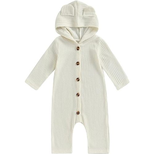 Thorn Tree Newborn Baby Girl Boy Hooded Romper Unisex Baby Knitted Jumpsuit Infant Kids Solid Outfits Baby Girl Boy Jumpsuit - 9-12 Months - White Knit Romper a
