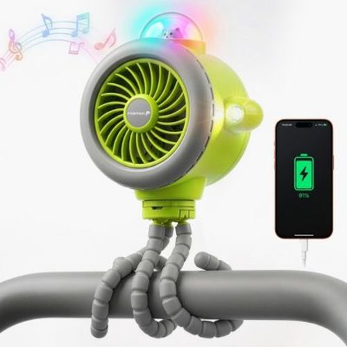 Fosmon Portable Fan, Stroller Fan for Baby Car Seat Fan, 5000mAh Powerbank Rechargeable Baby Fan for Stroller, Bluetooth Speaker Nursery Rhymes Song