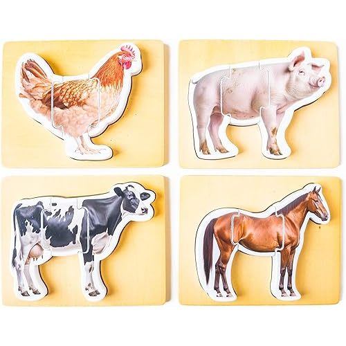 Wooden Montessori Animal Puzzles for Toddlers 2+ Years | Realistic Chunky Farm Animal Shape Puzzle | Educational Learning Toy - Three-Piece Farm Animal Puzzles