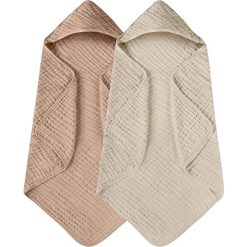 Yoofoss Hooded Baby Towels for Newborn 2 Pack 100% Muslin Organic Cotton Baby Bath Towel with Hood for Babies, Infant, Toddler and Kids, 32x32Inch, Soft and Absorbent Newborn Essential, Beige&Coffee