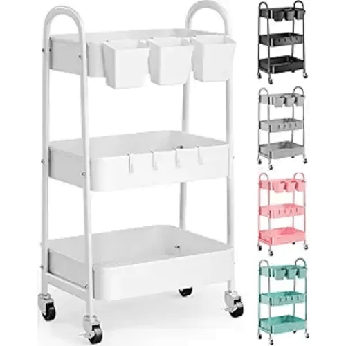 3 Tier Heavy Duty White Metal Rolling Cart with Lockable Wheels, Three Tier Roller Book Snack Cart, Utility Storage Organizer Carts for Kitchen, Bathroom, Garage, Baby Diaper, Craft, Art, Teacher