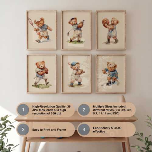 Set of 6 Vintage Teddy Bear Sports Wall Art, Babyshower Gift Boy, Watercolor Illustrations, Sports Nursery Theme Decor for Kids Room