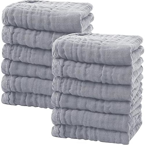 SWEET DOLPHIN 12 Pack Baby Muslin Washcloths - Soft Face Cloths for Newborn, Absorbent Bath Wash Cloths, Wipes, Burp Rag - Toddlers Essentials Stuff, Baby Registry as Shower -10"x10", Grey