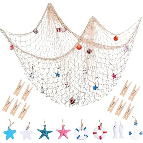 Boao 28 Pcs Fishnet Decorative Nature Fish Net Wall Decoration Set 79 x 59 Inch Nautical Fishing Net Hanging Decor, 9 Sea Shells, 4 Starfish, 2 Life Ring, Fish, Anchor, 10 Clips for Party (White)