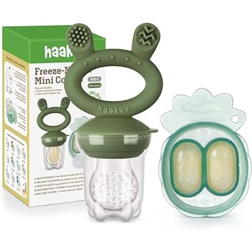 Haakaa Baby Fruit Food Feeder & Mini Freezer Nibble Tray Combo, Breastmilk Popsicle Molds for Baby Cooling Relief, BPA Free Silicone Feeder for Safe Infant Self Feeding, 4 Month+(Olive Green)