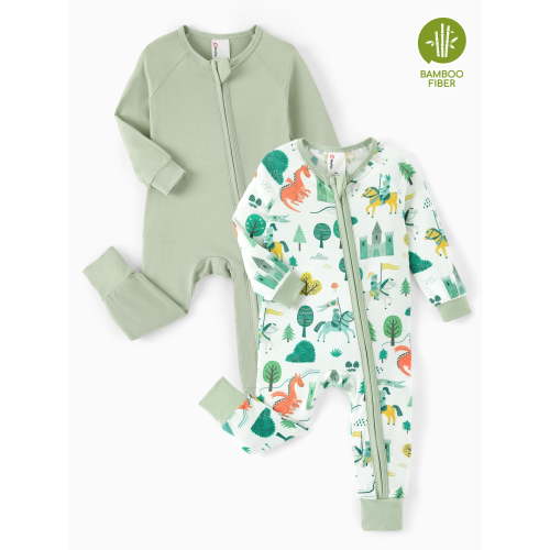 PatPat Baby Boys Pajamas Viscose from Bamboo Dinosaur Zip Footless Sleep N Play Baby Gift Newborn 2Pack 6-9 Months