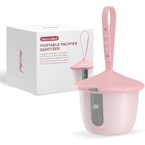 MomMed Portable Pacifier Sanitizer with Smart Display, Dual 60/180s Disinfection Modes, Auto Shut-Off, UV Pacifier Holder Case for Baby Pacifiers, Teethers, Bottle Nipples and More(Pink)