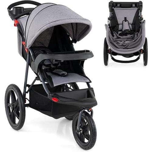 HONEY JOY Jogging Stroller, Foldable Running Stroller w/Adjustable Canopy & Recline Seat, 2 Cup Holders, Snack Tray, Storage Basket, Bicycle Tires, Baby Jogger Stroller for Infants to Toddlers (Gray)