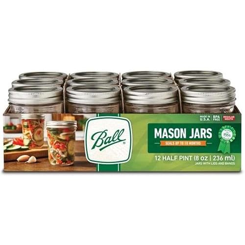 Ball Glass Mason Jar with Lids and Bands, Regular Mouth, Half Pint Size, 8 OZ (12 Pack)