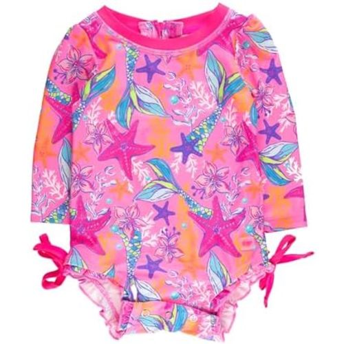 RuffleButts Baby Girls UPF 50+ Sun Protection Floral Printed Long Sleeve One Piece Rash Guard Swimsuit with Zipper
