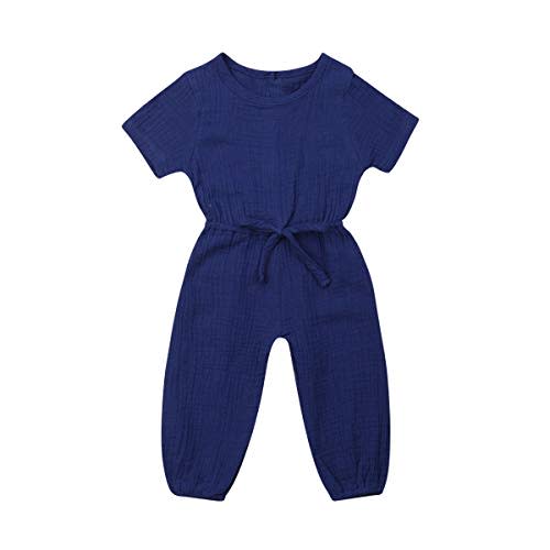Mubineo Toddler Baby Girl Summer Fall Basic Plain Short Sleeve Cotton Linen Drawstring Romper Jumpsuit
