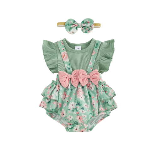 Loicainy Infant Baby Girl Summer Romper 3 6 9 12 18 Months Cute Bow Decor Flying Sleeve Floral Fake-two Jumpsuit with Headband