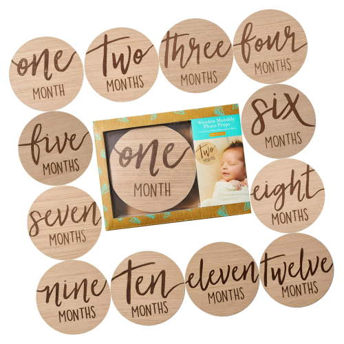 CCOCC Baby Monthly Milestone Marker Discs-Classic Cursive Script Wooden Discs with Reversible Photo Props for Baby Announcement and Milestones,Gender-Neutral Gift for Newborn Boy and Girl