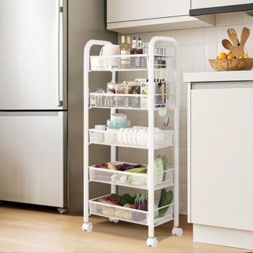 5-Tier Metal Rolling Storage Cart with Wheels and Handle, Multi-Functional Movable Organizer Trolley for Kitchen, Office, Living Room, White