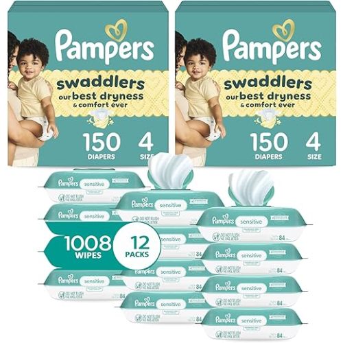Pampers Swaddlers Disposable Baby Diapers Size 4, 2 Month Supply (2 x 150 Count) with Sensitive Water Based Baby Wipes 12X Multi Pack Pop-Top and Refill (1008 Count)