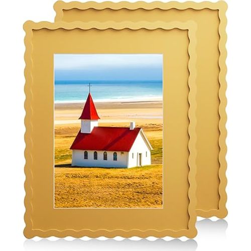 11x14 Wavy Picture Frame With Mat For 8x10, Wavy Edge Wooden Picture Frame with Real Glass - Wall Mount Display, Yellow, 2 Pack