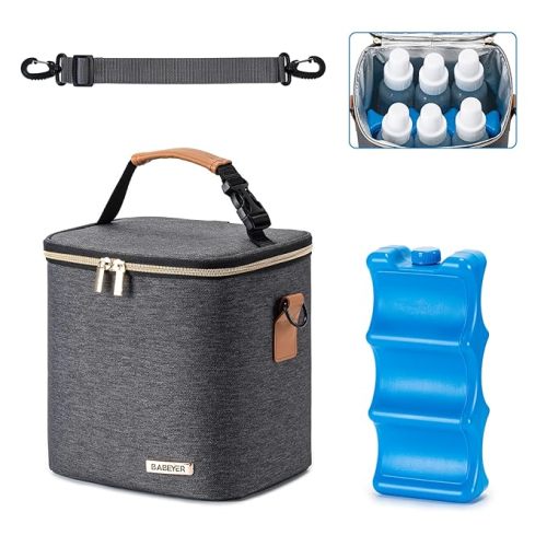 BABEYER Breastmilk Cooler Bag with Ice Pack Fits 6 Baby Bottles Up to 9 Ounce, Baby Bottle Bag with Shoulder Strap for Nursing Mom Daycare,Dark Grey