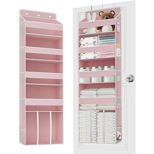 1 PC Pink Over the Door Organizer with 1 Large Capacity Caddy, 4 Shelf & 10 Mesh Side Pockets, Pink Stuff Hanging Storage and Girl Essentials Closet Organizer for Cute Room, Bedroom