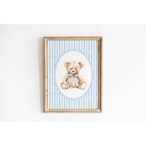 Vintage Bear Blue Wall Art, Boy Nursery Decor, Bear Blue Bow Poster, Animal Nursery Print, Little Boy Vintage Room Decor, Printable