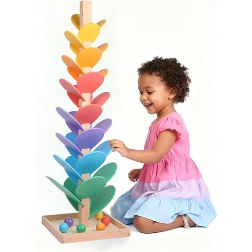 Wooden Marble Run Music Tree, Tumble Leaf Montessori Rainbow Singing Tree with Sound, Includes 12 Extra-Large 3cm Marbles Ball for Safer Play, Color Sorting STEM Learning Toy, Gift for Kids