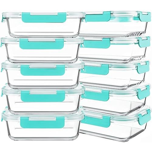 KOMUEE 10 Packs 30 oz Glass Meal Prep Containers,Glass Food Storage Containers with Lids,Airtight Glass Lunch Bento Boxes, Microwave, Oven, Freezer and Dishwasher,Green
