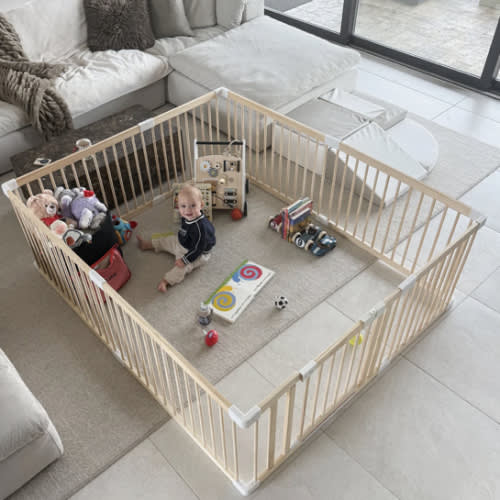 HARPPA Wooden Baby Gate Playpen | Non-Toxic Foldable DIY Adjustable Play Yard for Infants & Toddlers – Natural Finish Baby Fence for Small & Large Spaces | 60x71