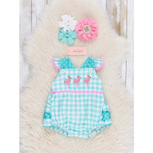 Gingham Embroidered Flamingo Party Ruffle Bubble
