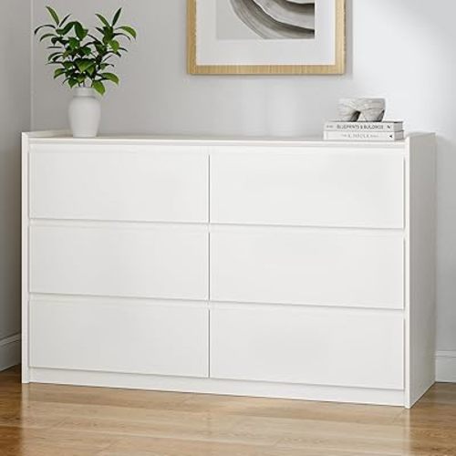 FurniXpress White Dresser for Bedroom, 47" Wide Chest of Drawers, Modern 6 Drawer Storage Organizer for Closet, Hallway, or Living Room