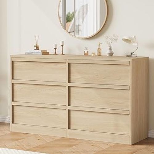 GAOMON 6 Drawer Dresser for Bedroom, Wooden Double Dresser Organizer with Storage Freestanding, Modern Chest of Drawers for Bedroom, Living Room, Nursery - Natural