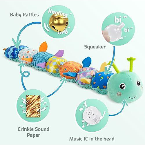 Sumobaby Baby Toys Musical Caterpillar, Stuffed Animal Activity Soft Toys with Teether,Multi-Sensory Crinkle, Rattle and Textures, for Tummy Time Baby Toys 0 to 12 Months Boys,Girls,Caterpillar(Blue)
