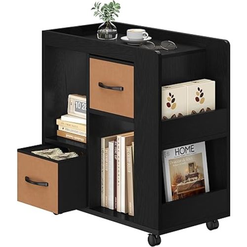 Yaheetech Book Shelf with Storage, Wooden Rolling Bookcase with Wheels, 2 Foldable Fabric Drawers, Magazine Racks and Open Shelves, 13″ × 24″ × 26″, for Living Room, Home Office, Black