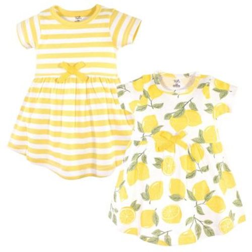 Touched by Nature Baby and Toddler Girl Organic Cotton Short-Sleeve Dresses 2pk, Lemon Tree, 3-6 Months