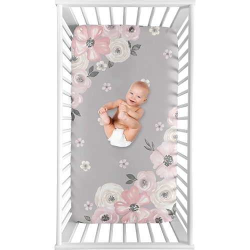 Sweet Jojo Designs Grey Watercolor Floral Girl Fitted Crib Sheet Baby or Toddler Bed Nursery Photo Op - Blush Pink Gray and White Shabby Chic Rose Flower Farmhouse