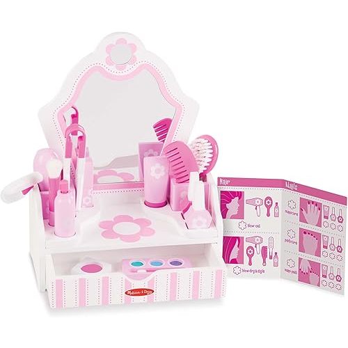 Melissa & Doug Wooden Beauty Salon Play Set, 18-Piece Vanity with Pretend Play Toys, Makeup, Mirror, Accessories & More, Preschool Toys for Girls & Boys Ages 3+ - FSC Certified