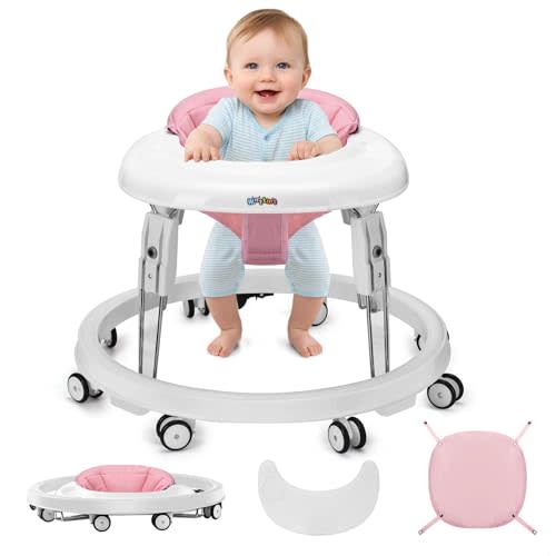 Baby Walker with Wheels, One-Touch Folding Portable Baby Walkers with Height Adjustment, Large Dinner Plate and Brake, Walker for Baby Boy Girls 6-18 Months, Pink