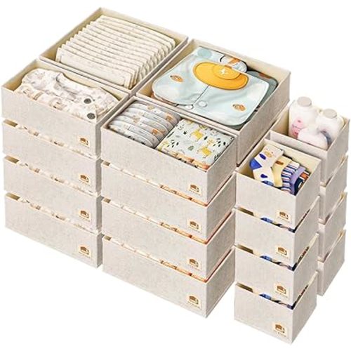 Linen Drawer Organizers for Nursery, Dresser & Closet (24-Pack) – Sturdy, Collapsible Nursery & Dresser Dividers for Baby Clothes, Socks, Underwear & Essentials – Multi-Size Set, Beige