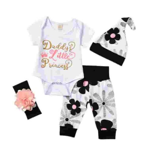 jaweiw 4Pcs Newborn Infant Baby Girls Clothes Set Floral Short Sleeve Tops Romper Long Pants Hat Outfits
