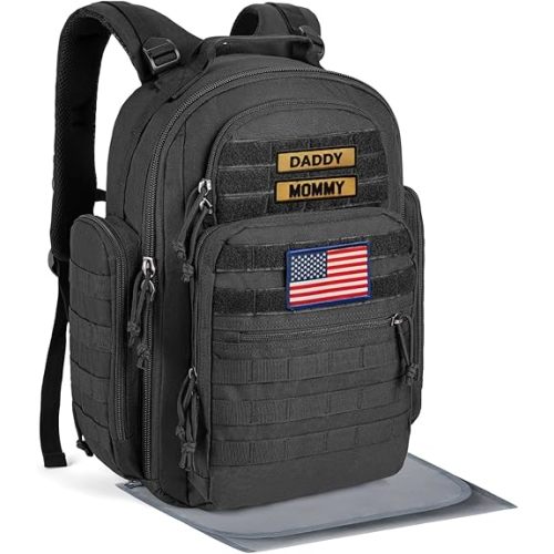 SHARKMOUTH Dad Diaper Bag Military - Large Baby Diaper Backpack with Changing Pad for Travel Camping Trips Park - Newborn Baby Shower Gifts Black