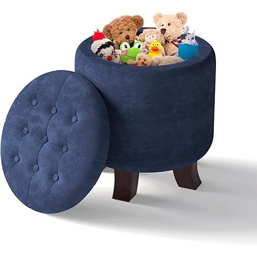 Storage Round Ottoman, 15.5 Inch Foot Rest Stool, Side of Bed Bench, Upholstered Large Ottoman Chair with Storage for for Living Room, Bedroom, Entryway, Navy Blue