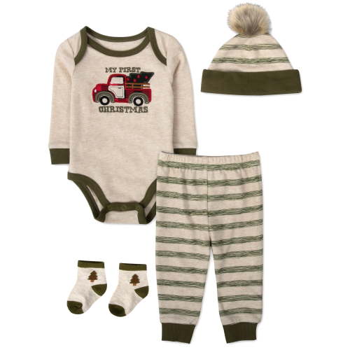 Baby Essentials Long Sleeve My First Christmas Pickup Truck Romper with Matching Pom Pom Hat, Jogger Pants & Socks Set for Newborns & Infants of 3 Months for Holiday, Celebrations & Photos