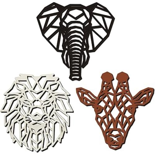 CAKIROTS 3 Pieces Safari Wood Heads of Lion, Elephant, Giraffe for Bedroom Above Bed - Jungle Theme Decorations for African and Nursery Decor