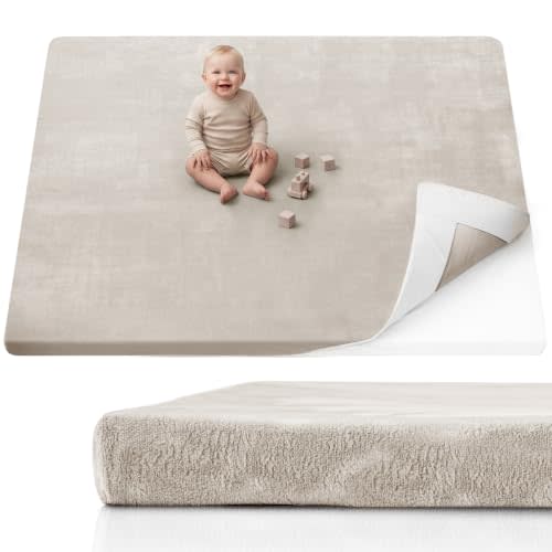 Blissful Diary 1.3" Thick Baby Play Mat, 71x59 Playpen Mat with Removable & Washable Cover, Ultra Soft Crawling Rug for Floor, Foam Cushion & Non-Slip Backing for Kid, Toddlers and Infants, Beige
