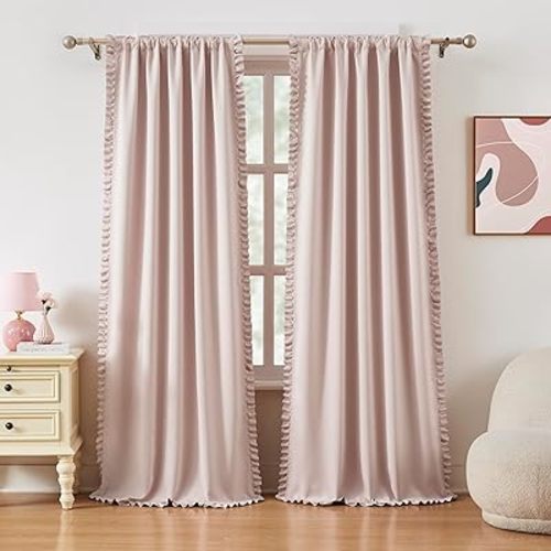 Jubilantex Pink Full Blackout Curtains with Ruffle Heavy Solid Thermal Insulated Window Treatment Set Soft Drapes for Bedroom Living Room Light Blocking Rod Pocket Curtain, 40Wx63L, 2 Panels